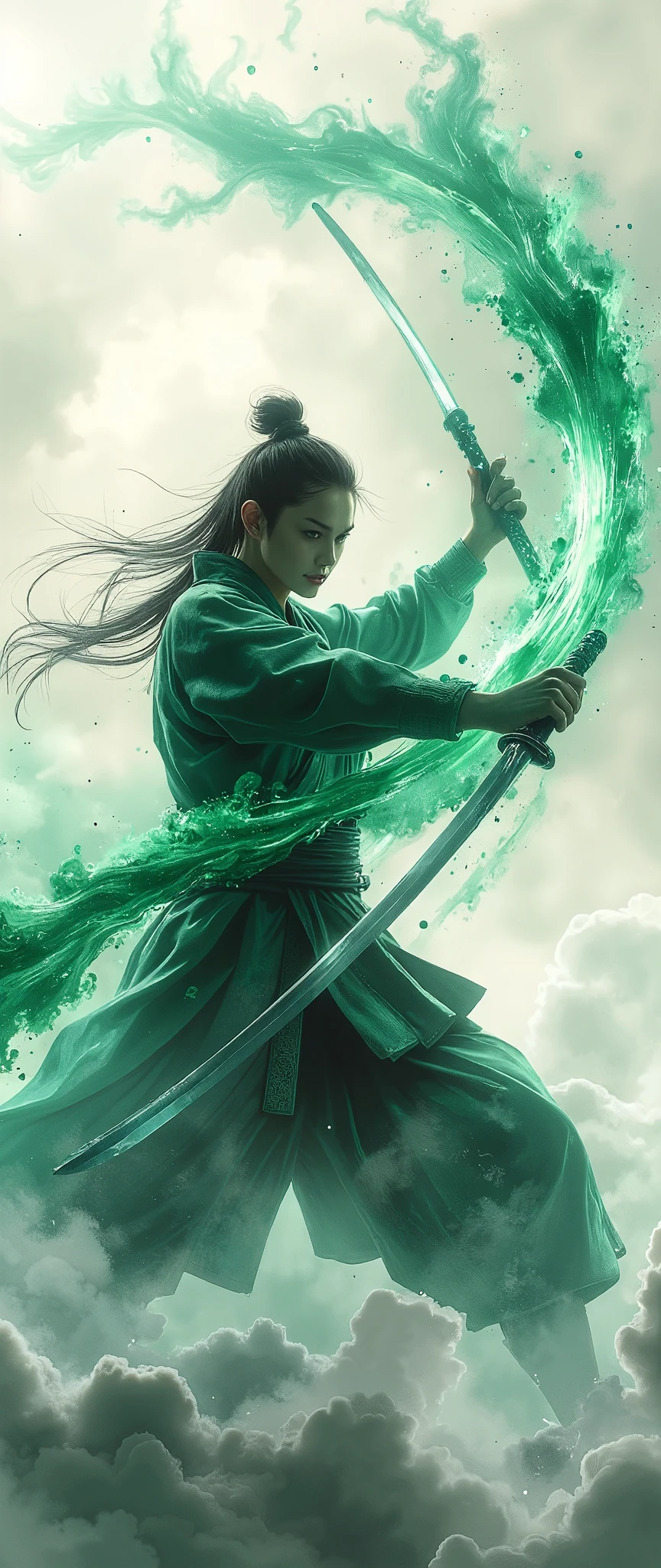 (masterpiece:1.2,exceptional quality,Mirror finish,  cinematic experience  ,  best illustration ,Super detailed),8k,wallpaper,(Watercolor),Sword,warrior,(Japan:2.0),(Slash:2.0),(Express the trajectory of a sword with a green curved wind:2.0),( dynamic :2.0)