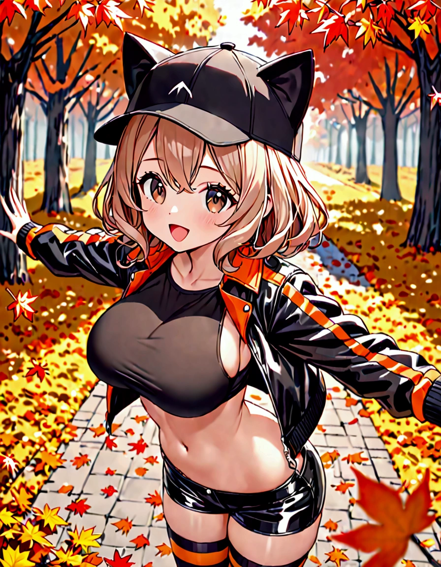 (masterpiece)(best quality)(ultra detailed)(high resolution),solo, petite girl, light brown hair medium hair wave hair, dark brown eyes, large breasts, ;D, shiny black leather shorts, (short sleeveless t-shirt), oversized spiker jacket long sleeve jacket open jacket, striped stockings, black cap with cat ear, upper body above knees, autumn leaves, outdoors, from front, standing, pose of spread both arms,