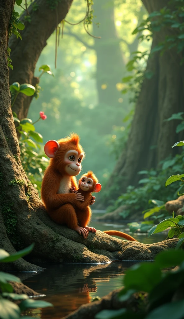 (8K, RAW Photo, Top Quality, Refined Details, Masterpiece: 1.2), (High Resolution 8K Wallpaper), Sharp Focus, Professional Lighting, Depth of Field, Cinematic Lighting, Background Blur, Draw a scene in which a monkey is making mixed juice using Blender in a lush jungle. The camera angle is low, capturing the monkey's humorous expression and concentration. The sun's rays filter through the gaps in the trees overhead, creating a pattern of sparkling light on the ground. In the background, colorful fruits are scattered, highlighting the natural beauty of the jungle. Generate images with an overall fun and lively atmosphere
