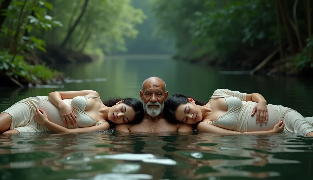 (best quality, highres, masterpiece, photorealistic:1.2),(HDR, vivid colors, wide angle, seen from below),((2people):1.65), (((a very old man with skinny body):1.23) and (young woman with sagging breast, red hair, slim fit body, aurakasih likeness):1.3)), posing for a picture, professional dynamic lighting, (upperbody:1.3), naughty expressions, (sexy poses, hug each other, back to front), ((soaking in the hot springs with river):1.4), foggy and snowy background, cool tones, intimate atmosphere, romantic vibe, photon mapping