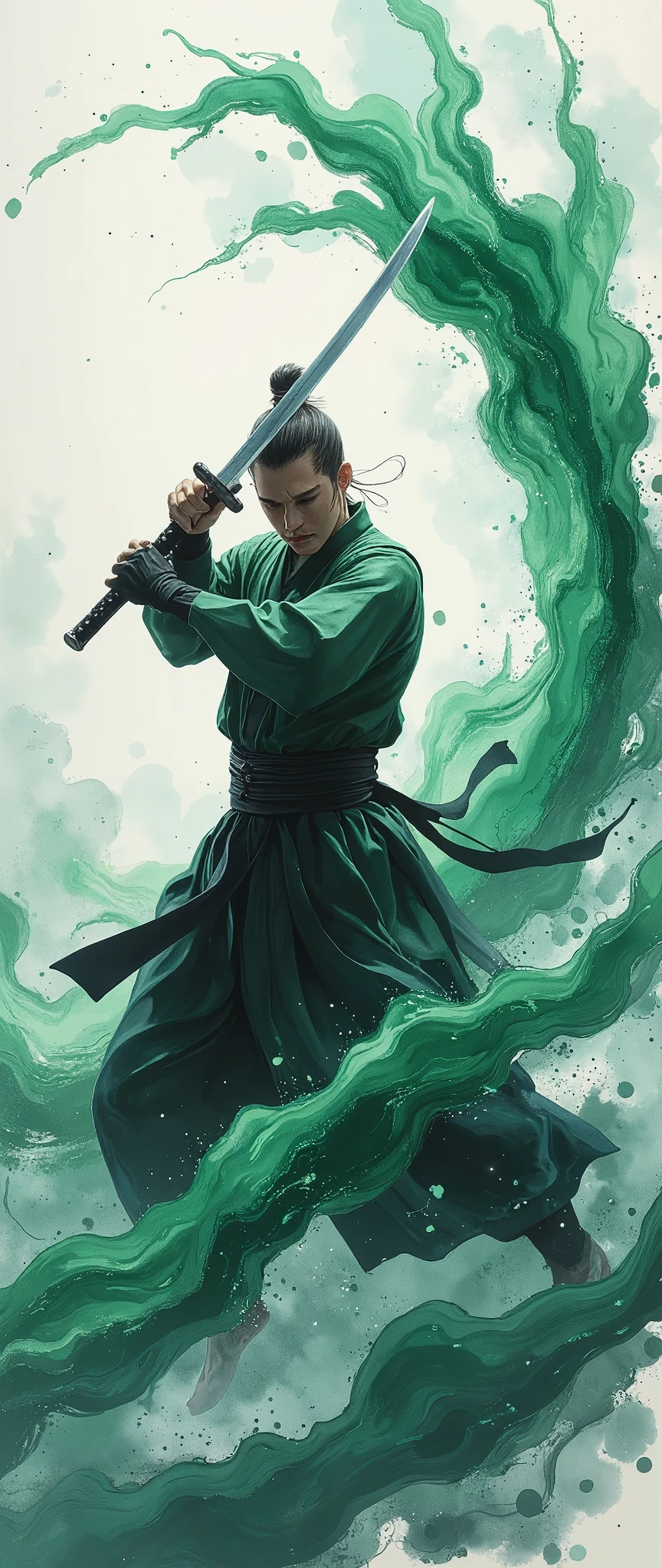 (masterpiece:1.2,exceptional quality,Mirror finish,  cinematic experience  ,  best illustration ,Super detailed),8k,wallpaper,(Watercolor),Sword,warrior,(Japan:2.0),(Slash:2.0),(Express the trajectory of a sword with a green curved wind:2.0),( dynamic :2.0)