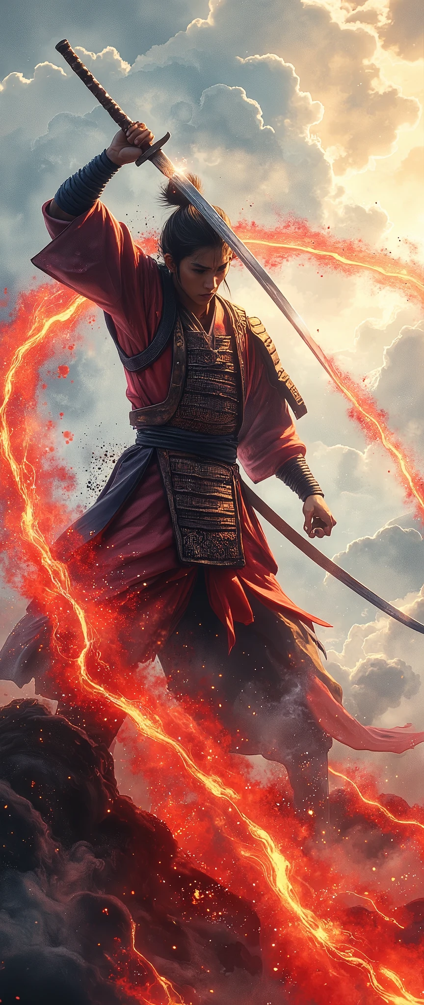 (masterpiece:1.2,exceptional quality,Mirror finish,  cinematic experience  ,  best illustration ,Super detailed),8k,wallpaper,(Watercolor),Sword,warrior,(Japan:2.0),(Slash:2.0),(Express the trajectory of a sword with a red curved flame:2.0),( dynamic :2.0)