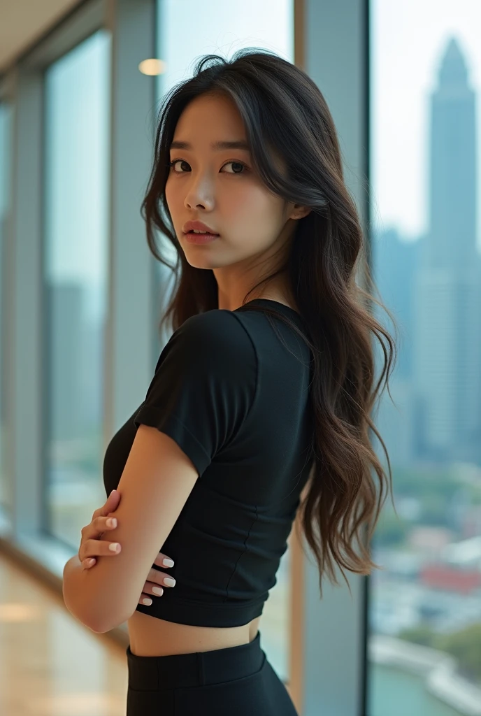 asian woman, black long hair, brown eyes, 25 years old, polyglot, smirk, sexy posing at the cinema, wearing skirt and top