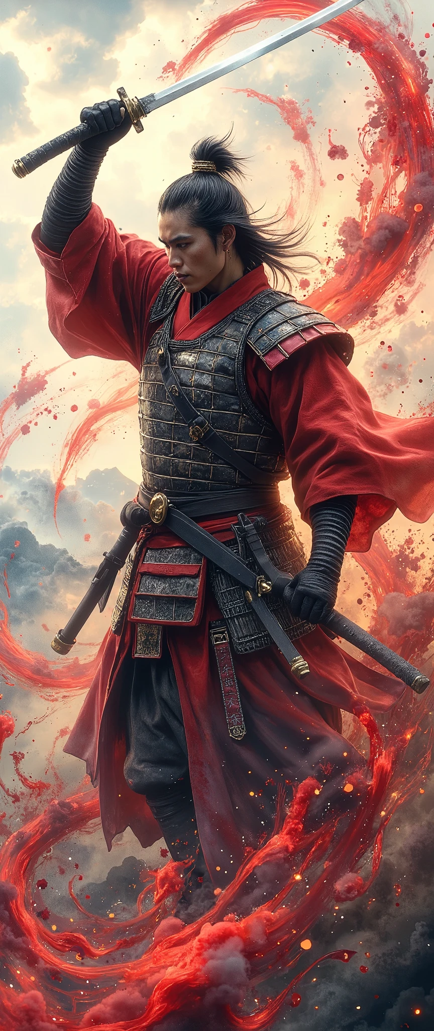 (masterpiece:1.2,exceptional quality,Mirror finish,  cinematic experience  ,  best illustration ,Super detailed),8k,wallpaper,(Watercolor),Sword,warrior,(Japan:2.0),(Slash:2.0),(Express the trajectory of a sword with a red curved flame:2.0),( dynamic :2.0)