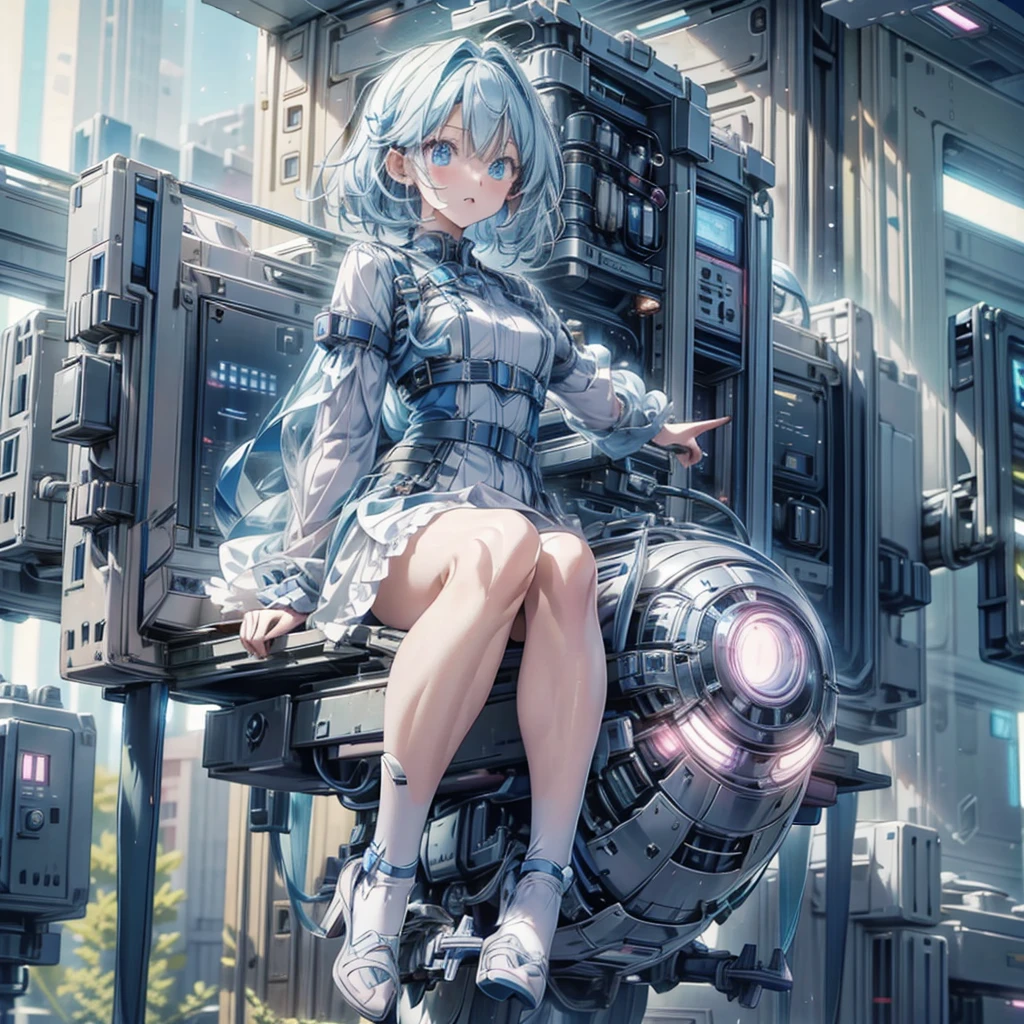 (masterpiece、highest quality、highest resolution、clear_image、detailed details、Angle from above): (full body figure、One 20 year old girl、Japanese faces、small face、Slender、Navy blue super short bob cut hair、(hidden small breasts:1.3)、sparkling blue eyes、Shiny pilot suit in blue and black colors、armor that protects the chest、tight fitting clothes、clothes that cover the whole body、shiny clothes、tight fit pants、hide the skin、very delicate and beautiful、detailed skin、hide thighs、hide your butt、cute type、gentle smile、soft expression、heroine、headset、Knee-high boots、gloves up to the elbow、eye level shot、facing directly、woman on a spaceship)