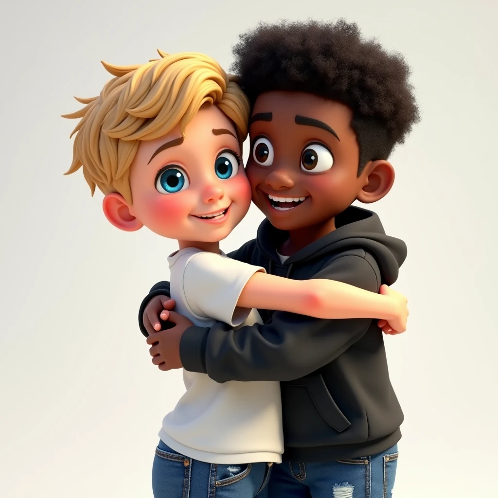 A dark skinned boy hugging a light skinned boy who's wearing spectacles 
