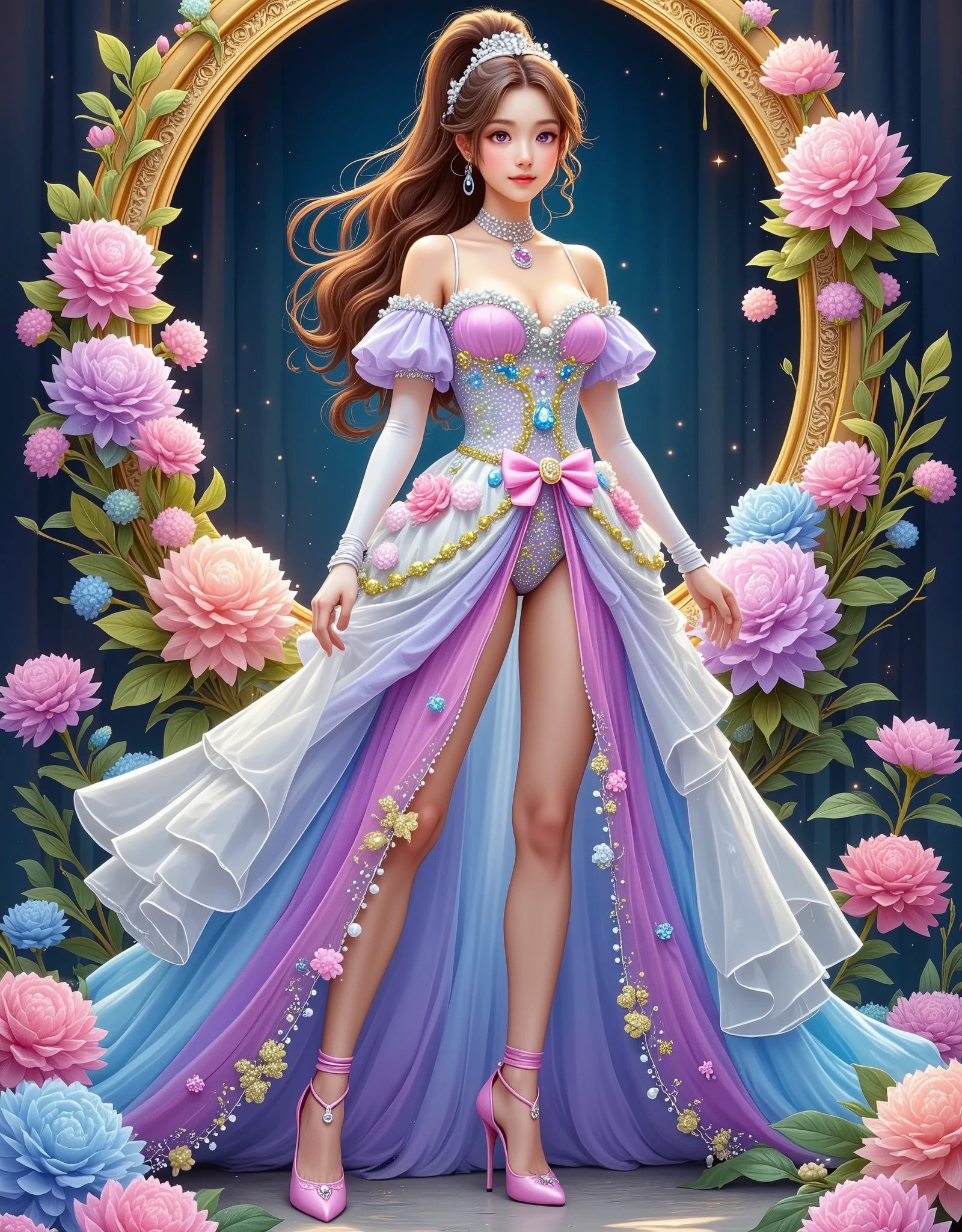 ((masterpiece))，Best quality，absurd，Ultra Detailed，(whole body:1.5)，Golden Ratio，Super cute and beautiful Asian idol girl，Very beautiful violet bright eyes，Beautiful colorful shiny brown hair，High Ponytail，good body shape，fit，Perfect body，(Wearing a stately and exquisite royal Cinderella court evening gown:1.5)，With huge puff sleeves and hourglass waist，adorned with bows，Embroidery and jewelry，Long white gloves，pearl necklace and earrings，Beautiful hair accessories，(Pink crystal high heels:1.8)，Dark theme elements, Pencil Sketch，(rococo style, Romanticism, modern, uhd, anatomically correct, accurate, textured skin, 8K)