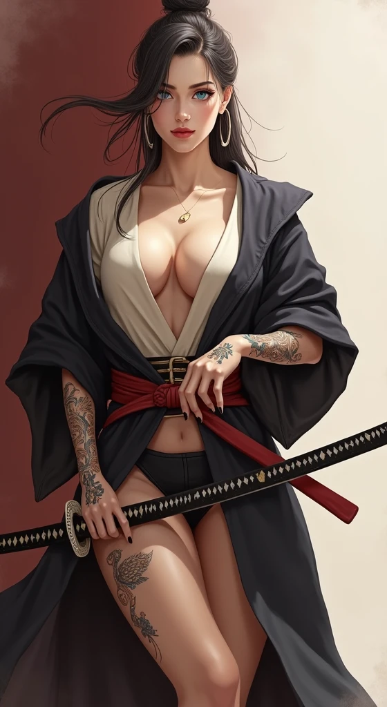 young woman, black, new, large nipples, afro hair, katana sword in hand, chain collar around the neck