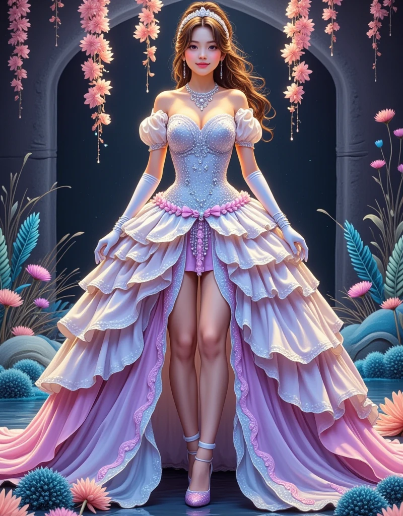 ((masterpiece))，Best quality，absurd，Ultra Detailed，(whole body:1.5)，Golden Ratio，Super cute and beautiful Asian idol girl，Very beautiful violet bright eyes，Beautiful colorful shiny brown hair，High Ponytail，good body shape，fit，Perfect body，(Wearing a stately and exquisite royal Cinderella court evening gown:1.5)，With huge puff sleeves and hourglass waist，adorned with bows，Embroidery and jewelry，Long white gloves，pearl necklace and earrings，Beautiful hair accessories，(Pink crystal high heels:1.8)，Dark theme elements, Pencil Sketch，(rococo style, Romanticism, modern, uhd, anatomically correct, accurate, textured skin, 8K)