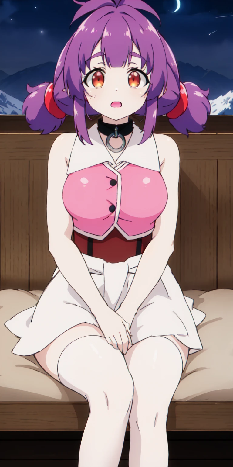 masterpiece, Best quality, Squatting, Legs wide spread, Open legs, Watch Viewer, Red hair, Long straight hair, bedroom, bed, sexy, navel, purple suit, white shirt, black skirt, skirt pulling up, panty shot, white panties exposed, huge breasts, bra, bra exposed, wide open cleavage, blushing, surprised expression, sweating on skin