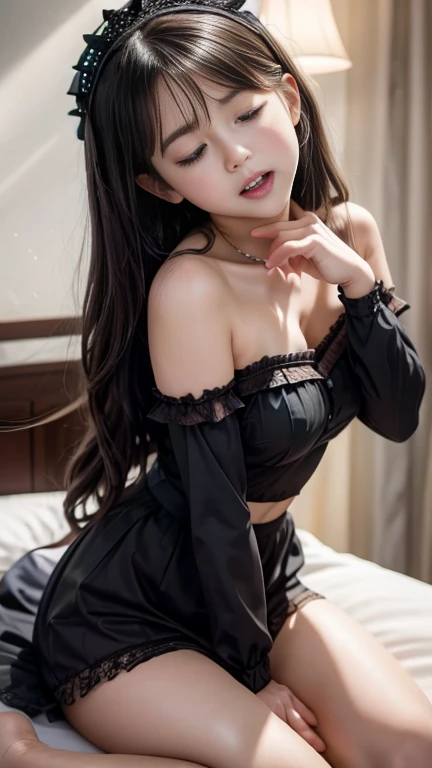 Saito Asuka、Highest quality, masterpiece, Ultra-high resolution,Very detailed、8Kのmasterpiece、Beauty、Super Beauty、30-year-old woman、Adult women、The beauty of raw photography、 Perfect Style、Beautiful navel、The navel１t、Slim and model-like、Height: 155cm, figure、Arms and legs２本ずt、The toes and fingers５本ずt、The structure of the human body is faithfully reproduced、(Realistic: 1.4), RAW Photos, Long black hair、The bangs are parted in the center, exposing the forehead.、Large Breasts、非常にLarge Breasts、Burstingly Big Breasts、Big Tits、Nicely shaped big breasts、Firm big breasts、Bedroom、Sexy maid outfit、Cute maid outfit、Extreme costumes、Less area for clothes、Belly button sticking out、My belly is sticking out、The chest is open、Perfect cleavage、Sexy clothes、Very short skirt、Pull up your skirt、Black garter belt
