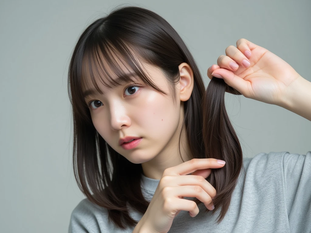  realistic image of a woman with long hair , Dark hair ,  She is crying while holding a bundle of her own hair in one hand, 落ちたばかりの.  tears overflow in her eyes ,  Her expression represents deep sadness and anguish .  The background that just fell off is simple and neutral ,  focus on the emotional effects of hair removal .