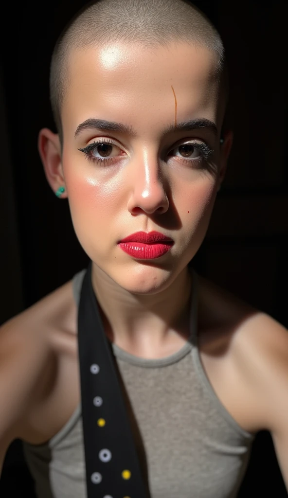 ((full length cinematic Image)). ((completely bald woman)) with a (((smooth, pale, hairless, head))). detailed, hyper realistic, photorealistic, sharp focus, 8k, hyperdetailed eyes, extremely detailed skin, striking facial features, high contrast lighting, dramatic lighting, moody lighting, strong shadows, cinematic composition, atmospheric, compelling, dramatic, powerful expression, intense gaze, serious expression, (bald, smooth, hairless head), slight build, Tall, athletic physique, female, powerful, confident, authoritative, Feminine. 