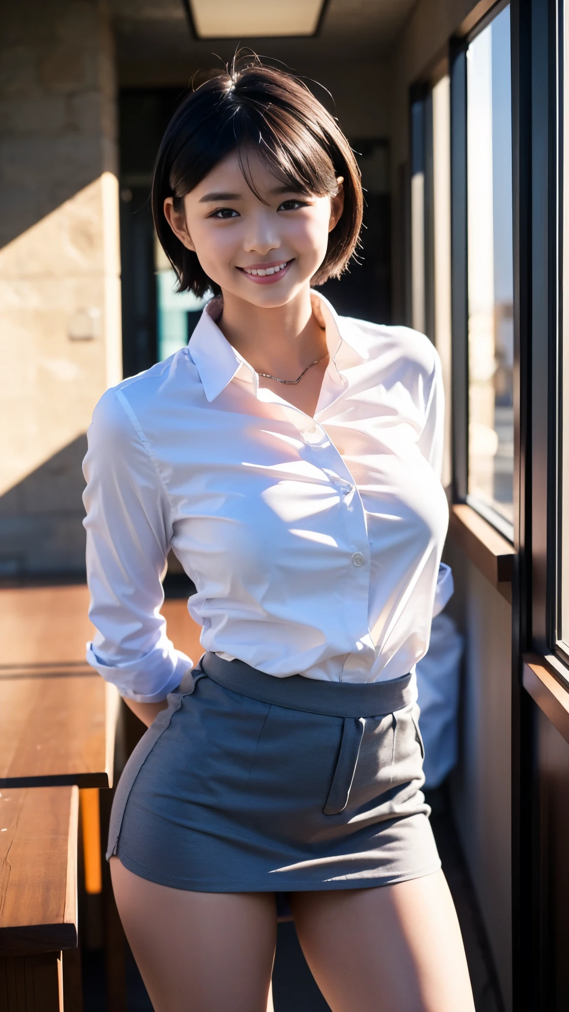 Best Quality,masterpiece, ultra high resolution, highdefinition RAW color photo, professional photos , natural skin texture, fine skin, Hyperrealism , Japanese Women,(smile, Shortcut Hair,(WHITE shirt, cutter shirt,Grey Slit Miniskirt,panty shot), office),standing