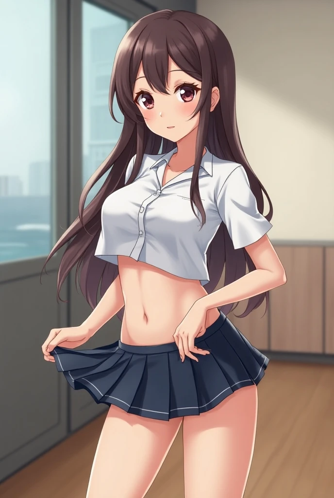 Indoor Hospital, 1 Female Soloner, /(nurse uniform/) /(brown long hair/) french braid, ((((vulgarity)))), (masterpiece best quality:1.3) Delicate illustrations ultra-detailed high resolution, (1 woman,flat chest,very skinny:1.2),covered erectile nipples,panties aside,