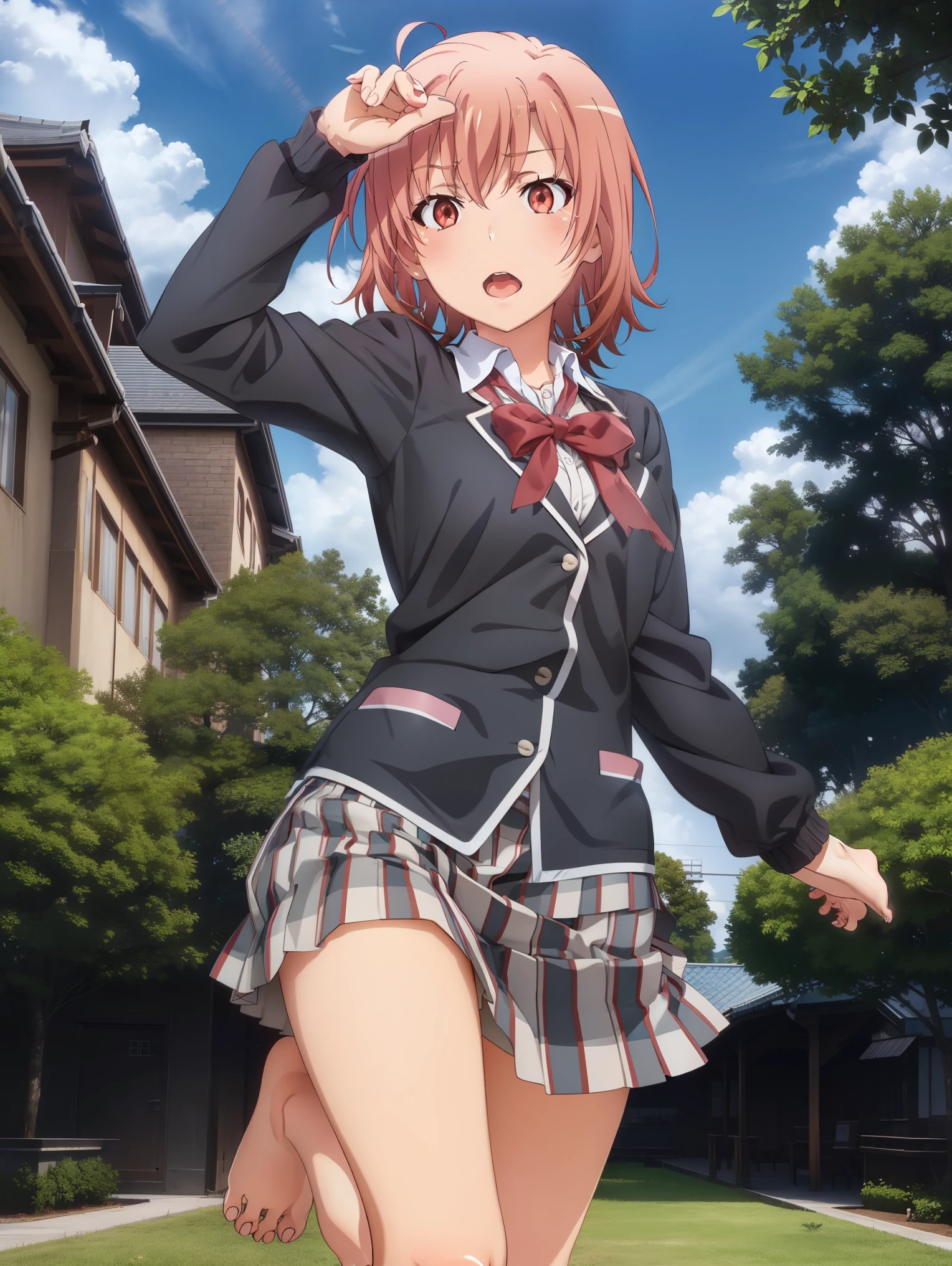 ( Yuigahama Yui), , masterpiece, Best Quality、Big Breasts、((masterpiece)), (Best Quality), Official Art,  extremely detailed CG,  Unity 8K Wallpaper , Super detailed,  1 girl, ,  school uniform , Seraph,  Miniskirt, (anger:1.2),  clench your teeth tight, (barefoot:1.4), ( skirt flip:1.4), sweat,  is standing,  spreads legs, Outdoor, lake, mountain, Knight , Starry Sky, 