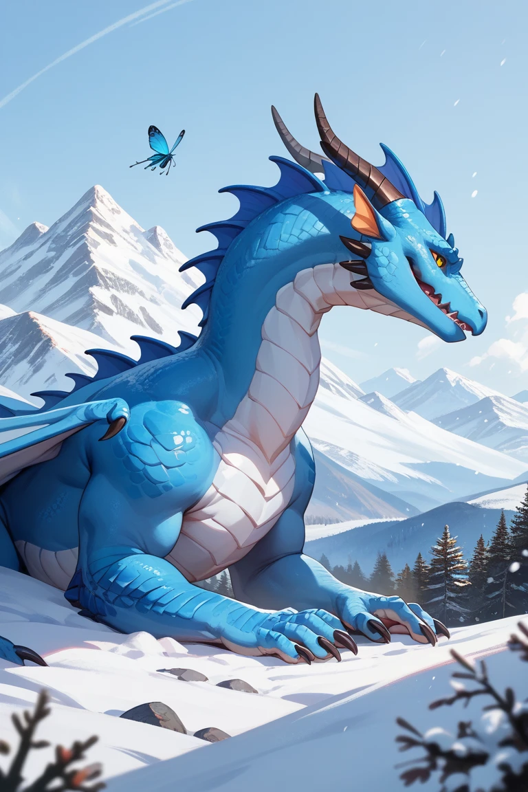 Giant icy blue dragon on top of a mountain