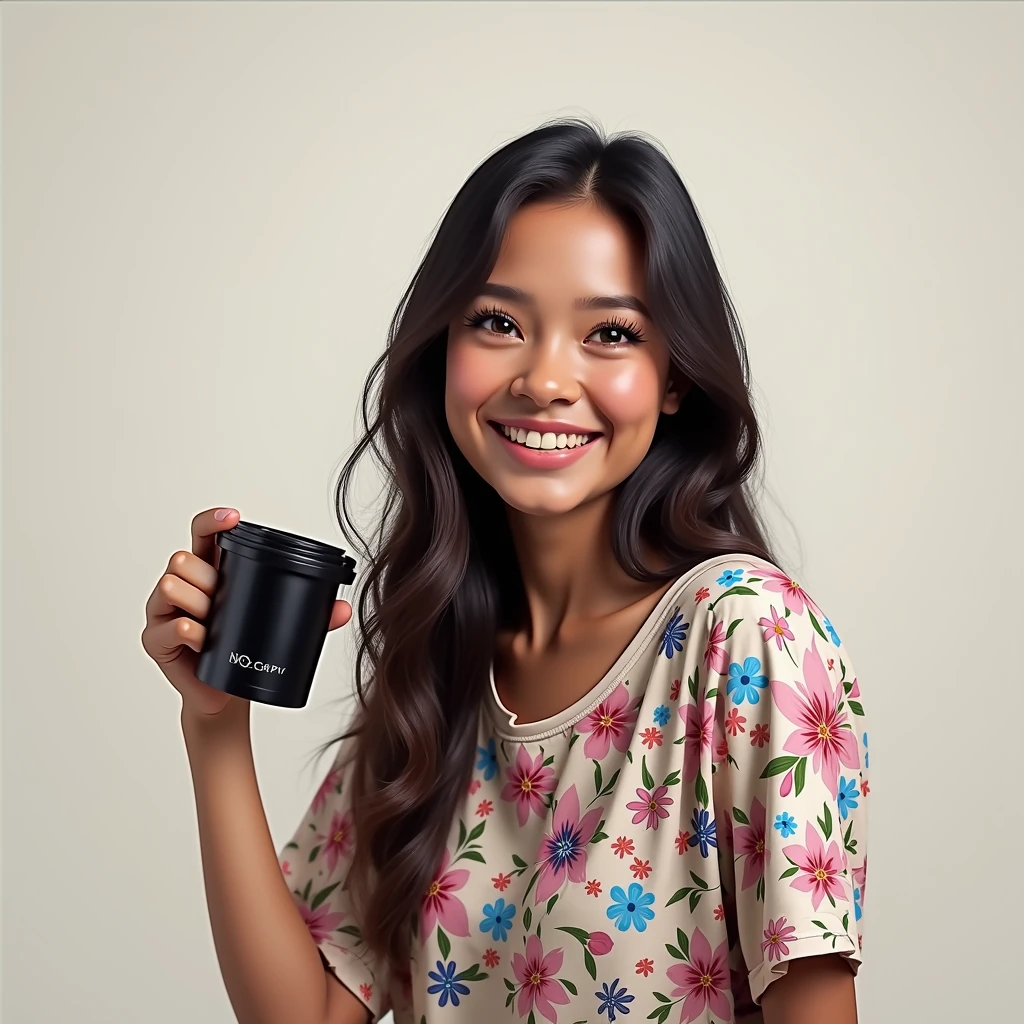 beautiful young smiling woman with long dark hair, detailed face, happy expression, wide smile, holding a custom mug, standing in a shop, white shirt, photorealistic, intricate details, cinematic lighting, warm tones, masterpiece, ultra-detailed, 4k, hyper realistic, studio lighting, physically-based rendering, vivid colors
