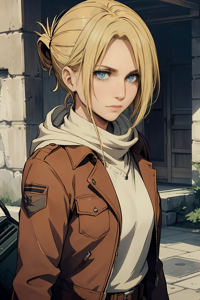 Nature:  Annie Leonhart

The description of :

 Annie is a medium-sized woman ,  with an athletic and slim figure ,  that reflects his dexterity in combat .  Her short straight hair ,  bangs ,  elegantly frames her face , including dark brown ,  that emphasizes her expressive eyes .

 Her eyes are a striking feature ,  big and bright blue ,  conveying a mixture of determination and mystery .  ability Their facial expression is usually cold and calculating , 's appearance reveals little about her true feelings .

 Annie dressed in the distinctive Scout Squad uniform ,  consisting of a brown leather jacket ,  A belt with pockets for equipment and a classic green cloak with the squad logo .  Used her 3D maneuverable equipment emphasizes her agility in combat.

 When Annie activates her Titan ,  His expression changes dramatically .  Her eyes shine with a supernatural sheen ,  and their expression takes on a more predatory appearance .

 Remember to include these details when creating visual representations of the character .]