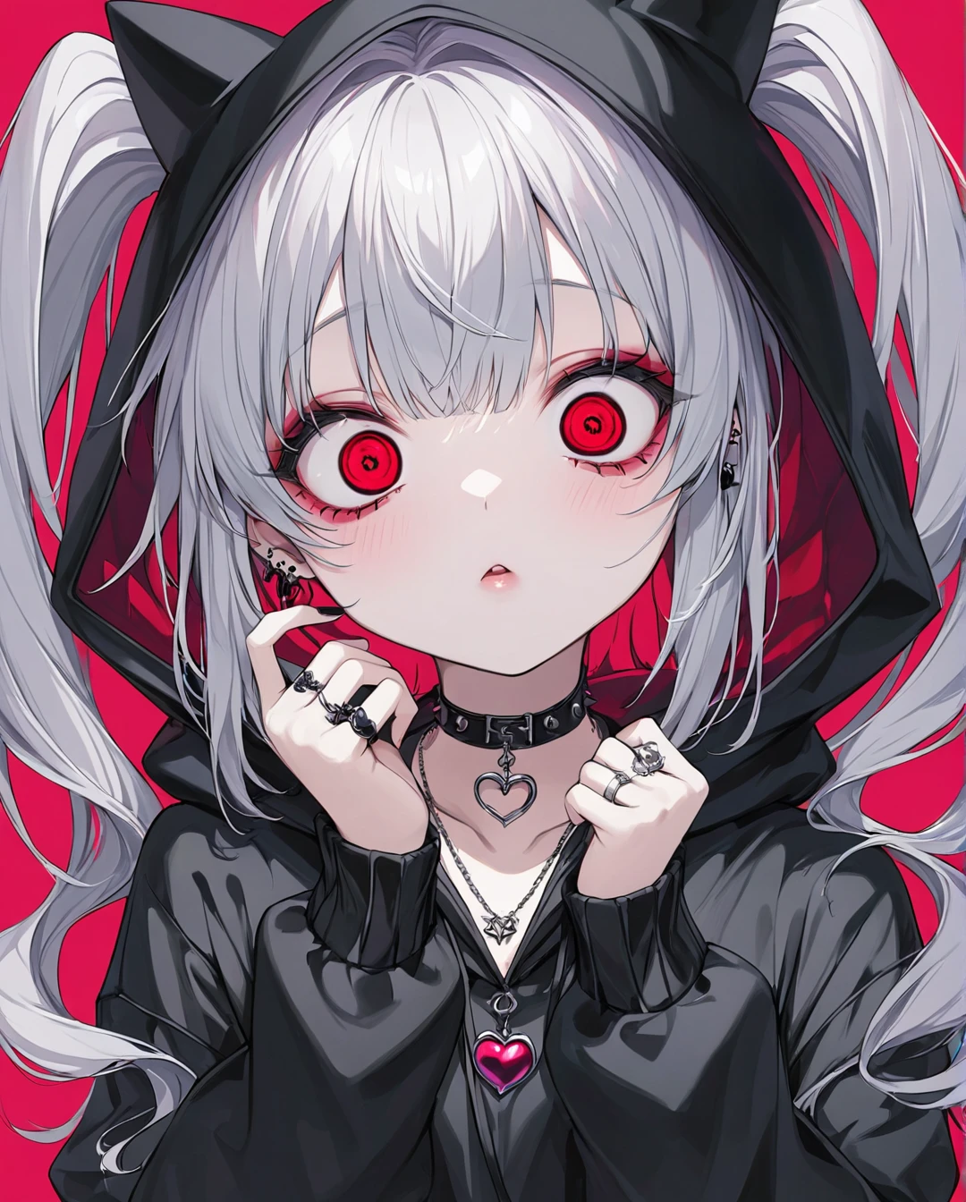 1girl,AIU,Black goth punk fashion,Red eyes,half-closed eyes,(crazy eyes),Huge, Twin tails, half closed eyes、gal、Confused eyes、Silver Hair, hoodie, Vintage Gothic, Pose, cute, Face Up, high quality, necklace, ring, bracelet, Earrings,beautiful skin,masterpiece,best quality,ultra detailed,8k portrait,highly detailed,super detailed skin,highly detailed background