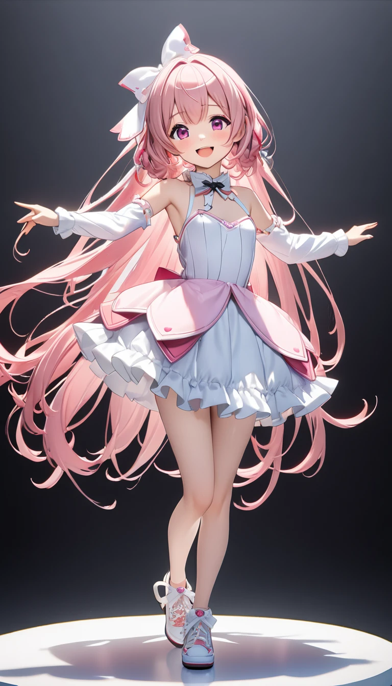 ((Full body shot: 1.5))、((One animal))、((Real female cat))、Big smile、((The background is blurred and nothing is visible))、kpop idol costumes、Cute chibi anime sitting on a plate, long pink hair with twin tails、I have cat ears、Wear a blue mini dress, Smiling, Logo is cheap、Iridescent colors、Heavily