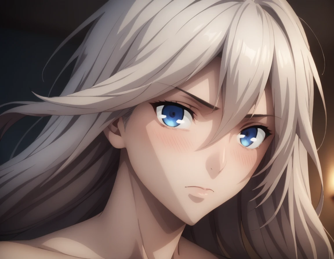 sauce_anime, ambient light, 
1 girl,alisa ilinichina amiella, long hair, white hair, blue eyes, ,, 
topless, navel,  white panties, pussy juice,,  
indoors, bed, gray bed room, , (on side) ,, slim body,                                                          
cowboy shot, looking at viewer,  blush, , closed mouth , saliva, nipples,  medium breast,