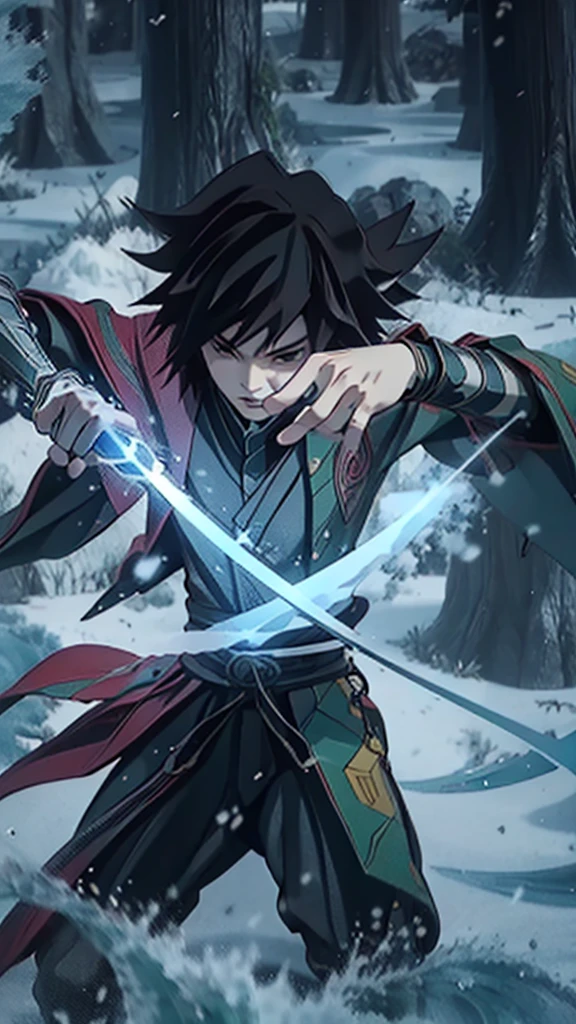 Black Hair，Demon slayer，Tomioka Gyuu,Demon slayerの黒い隊服， plain reddish purple fabric and half of the green and yellow square pattern々Haori， is holding a sword， turning back ，Water flowing from the sword ， The background is dark and the water flow is shining ，Bloom,  anime style,  high resolution on down, masterpiece, accurate,  high detail,  very detailed,  Ultra High Definition, 