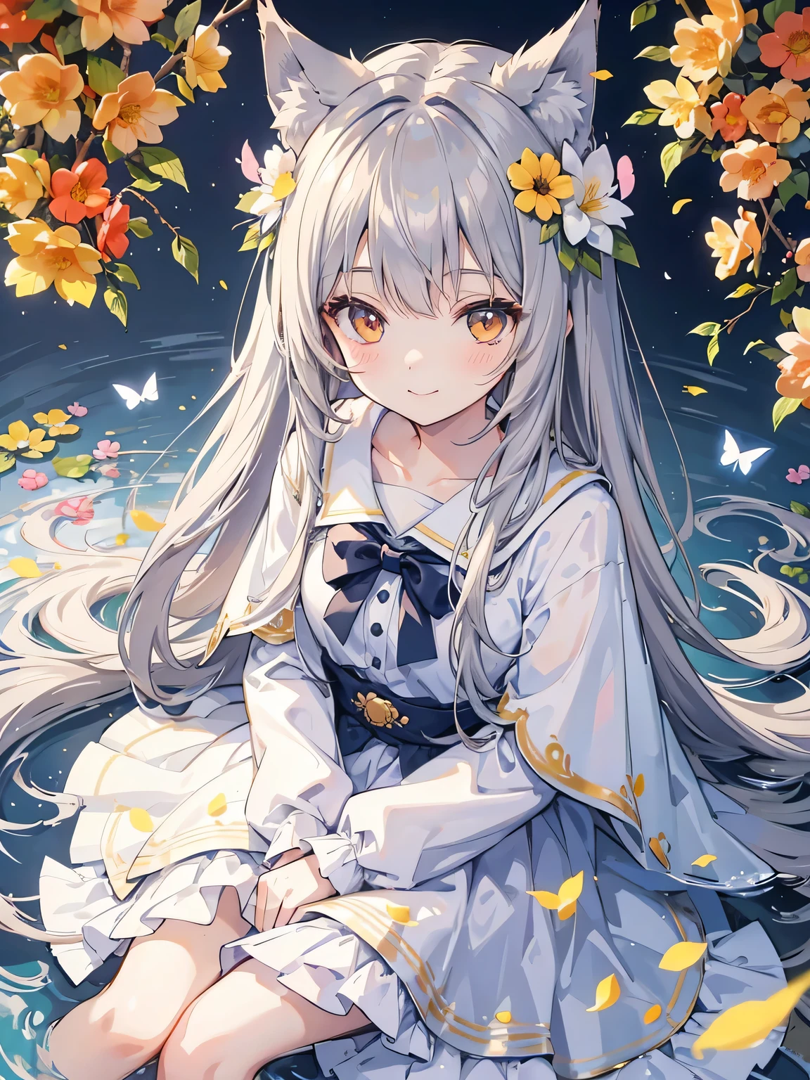 kawaii, anime, Cute, hyper quality, highly detailed, 8k, Clarity, Draw facial expressions in detail, brown eyes, silver hair, wolf ears, wolf girl, long hair, I'm in a flower garden, highlight on eyes, flowers fall, It's bright outside, infect one person, reflect the whole, butterflies fly, aerial view, smile, sit, white cape,