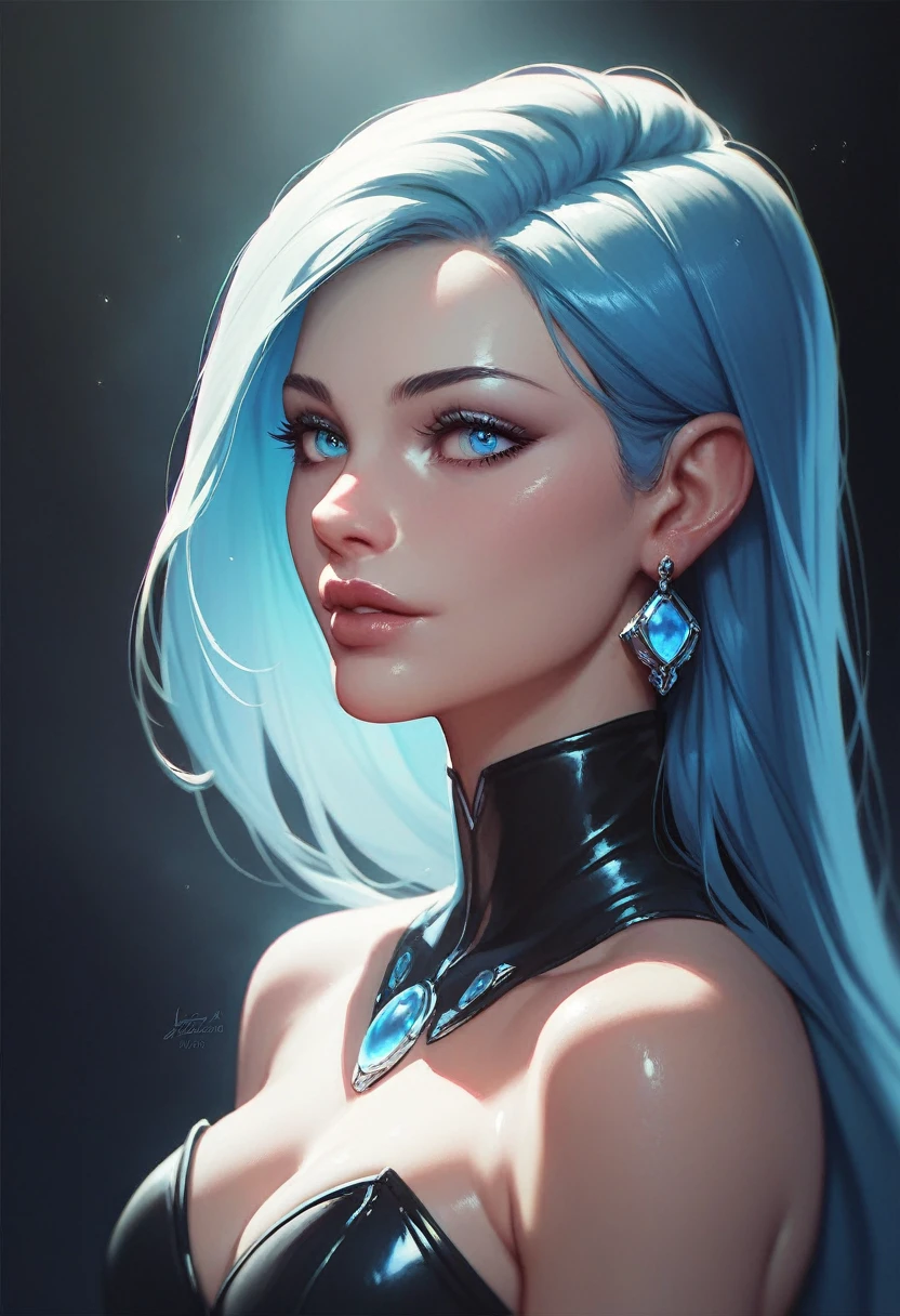 tudo escuro, You only see the silhouette of a girl with a wing with a sword, de cabelo azul e rosto escondo pelas sombras. Asas pretas, rosto coperto por um capuz e cabelo azul