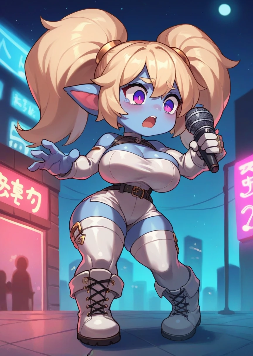  a girl, Alone, poppy, Chibi,  blue skin , city, night, neon lights,  big breasts, white boots,  holding a black rag, White latex leather body, microphone, Surprised,  scared , looking down 