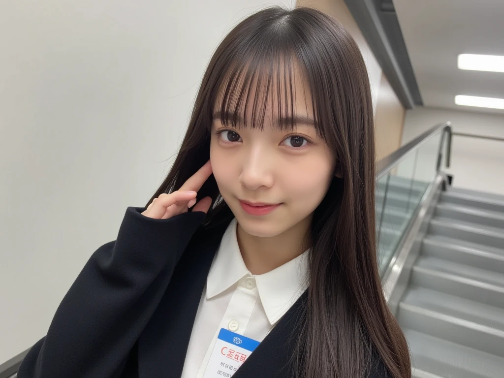 smile,Cover your eyes with long hair, silky hair とても艶のあるhair　  photos inserted inside　８hair　Korean women　黒hair　真っ直ぐなhair　 black jacket　 white shirt 　A business card is hanging around his neck.　  escalator