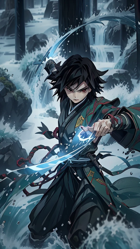 Black Hair，Demon slayer，Tomioka Gyuu,Demon slayerの黒い隊服， plain reddish purple fabric and half of the green and yellow square pattern々Haori， is holding a sword， turning back ，Water flowing from the sword ， The background is dark and the water flow is shining ，Bloom,  anime style,  high resolution on down, masterpiece, accurate,  high detail,  very detailed,  Ultra High Definition,  background is black