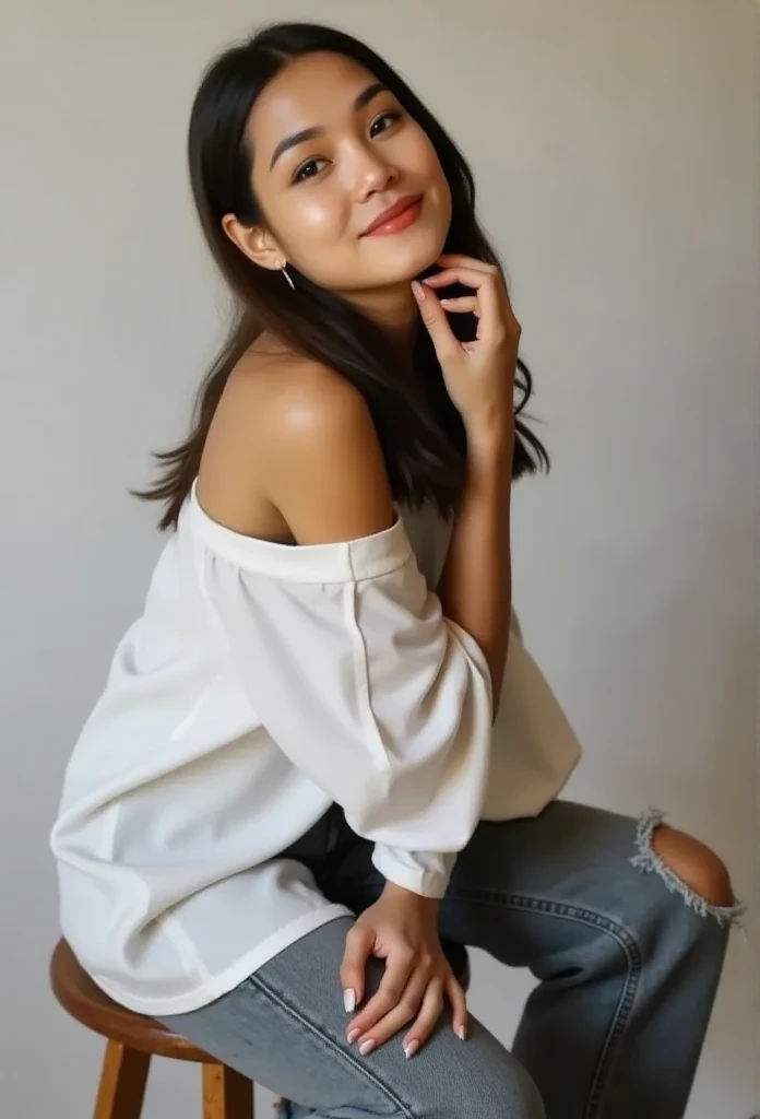 amira is seated on a wooden stool against a plain dull white background, creating a warm and minimalist setting. She is sitting with one leg folded close to her chest, wrapping her arms around it in a relaxed, almost playful pose. Her other leg rests on the stool, allowing her head to lean slightly forward, which gives an intimate, casual vibe. She wears an oversized, off-the-shoulder white shirt, which reveals one bare shoulder, paired with loose, ripped dull jeans. Her expression is soft and slightly flirtatious, with a subtle smile and her chin resting gently on her hand, giving her a charming and approachable look. The lighting is soft and even, adding warmth to her skin tone and highlighting her relaxed expression. The photograph is taken from a slightly lower angle, emphasizing her pose and drawing attention to her face and shoulder, making the composition feel inviting and candid. undersaturated tones
