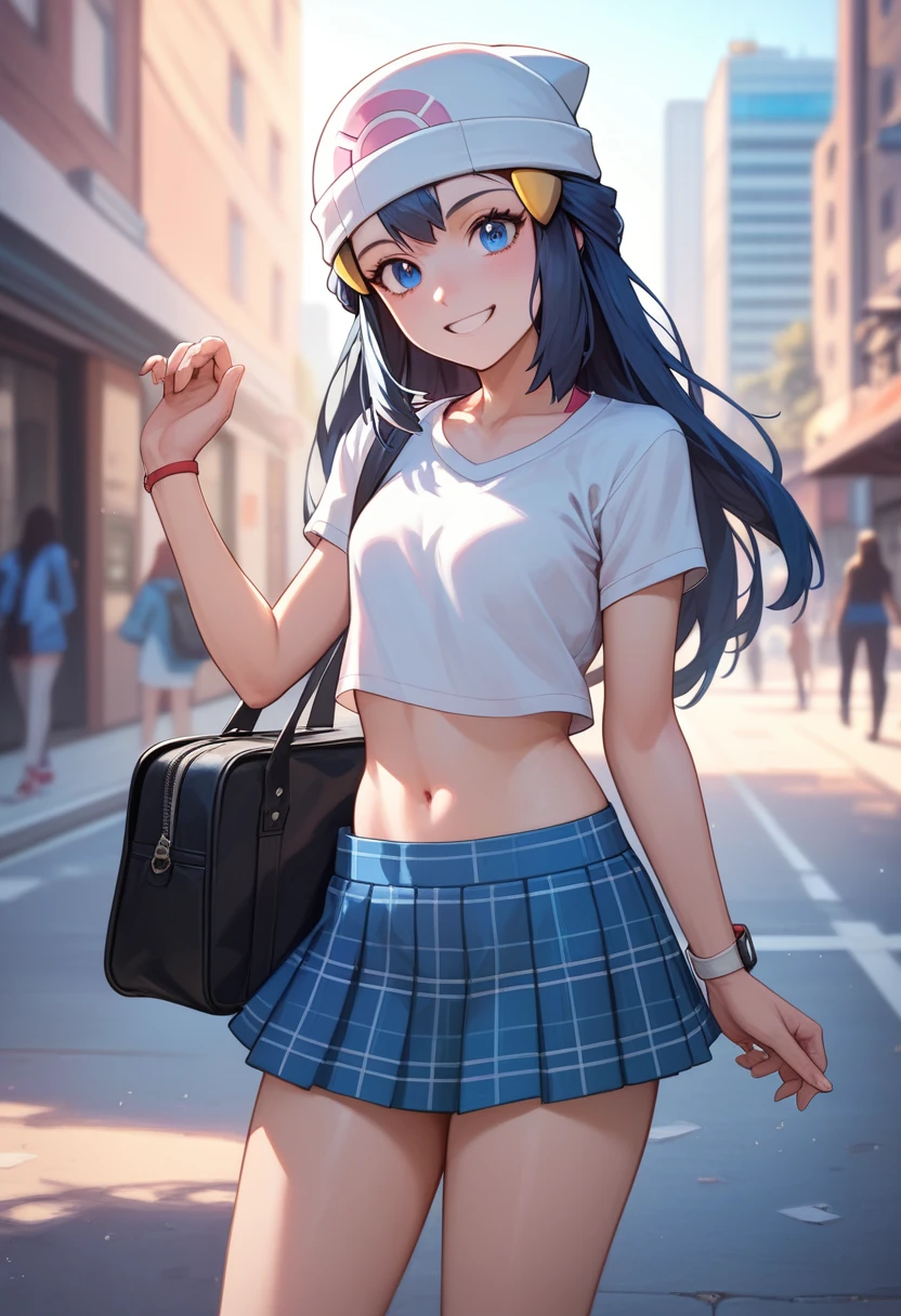 masterpiece, Best Quality, 1 girl, dawn \(Pokémon\), without hat, by the wide, For the blue, blue eyes, plaid skirt, crop top, Top celeste, smile, looking at the viewer, city background, Street, sexy, schoolbag