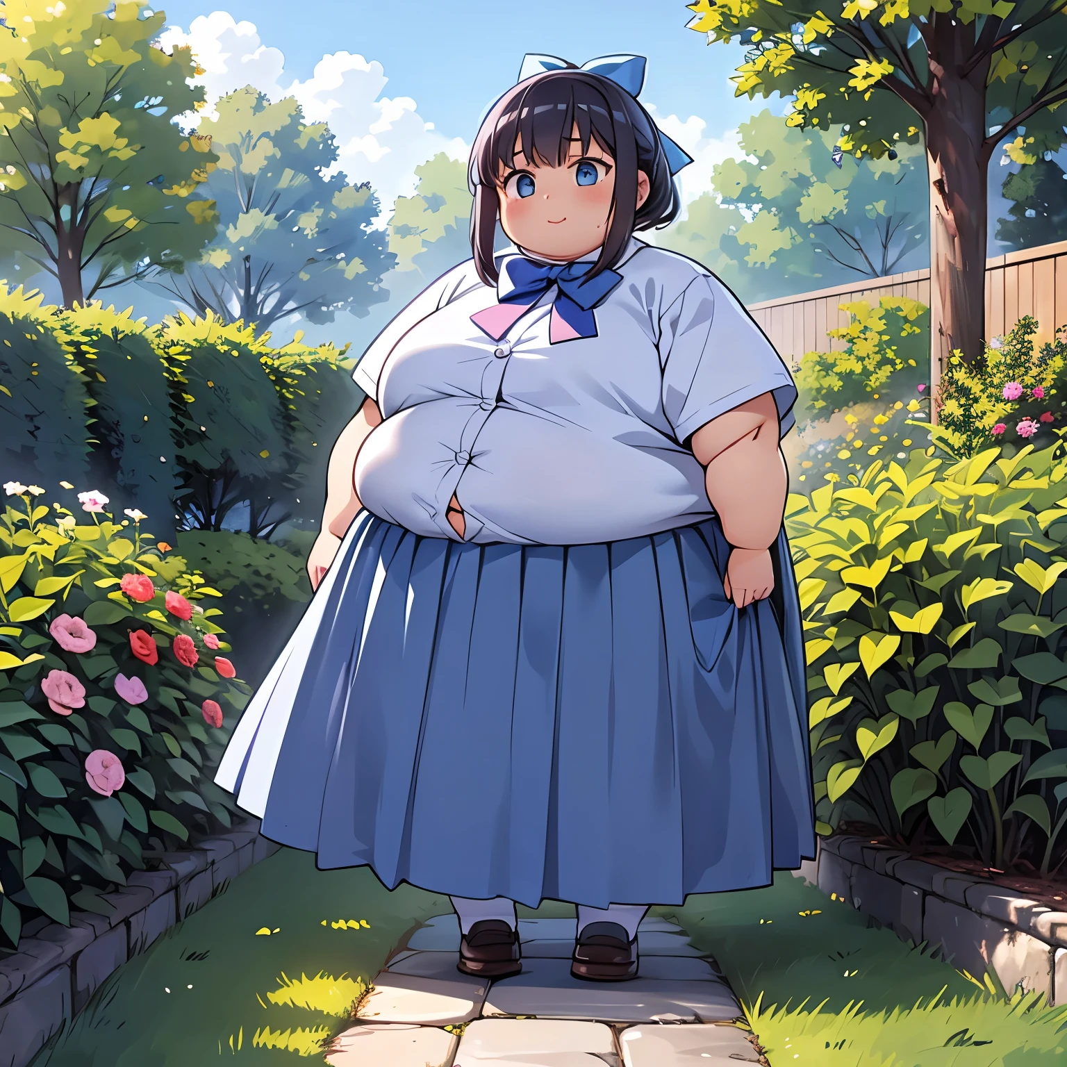  girl, obesity, student,  full body, Wear a uniform,  light blue skirt,  long skirt, Small Bow, Small Bow, garden, 石 garden, Anime, Anime movie