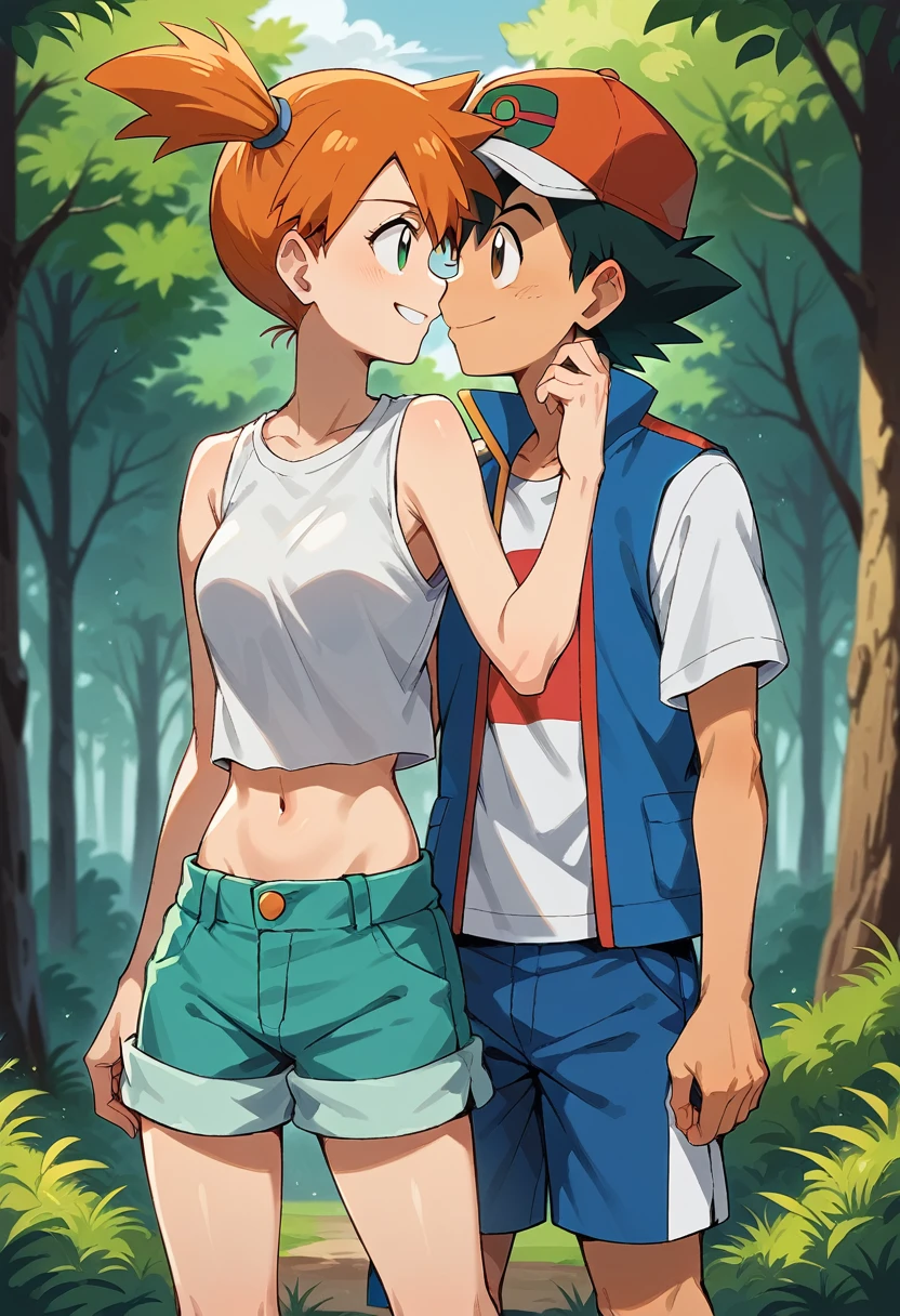 1boy, ash ketchum, black hair, brown eyes, hat, baseball cap, shirt, white shirt, t-shirt, jacket, sleeveless jacket, shorts, blue shorts 1girl, misty pokemon, orange hair, side ponytail, green eyes, white crop top, belly button, blue jeans shorts photograph of a couple, in a forest, they're looking at each other, they're hugging, they're smiling at each other