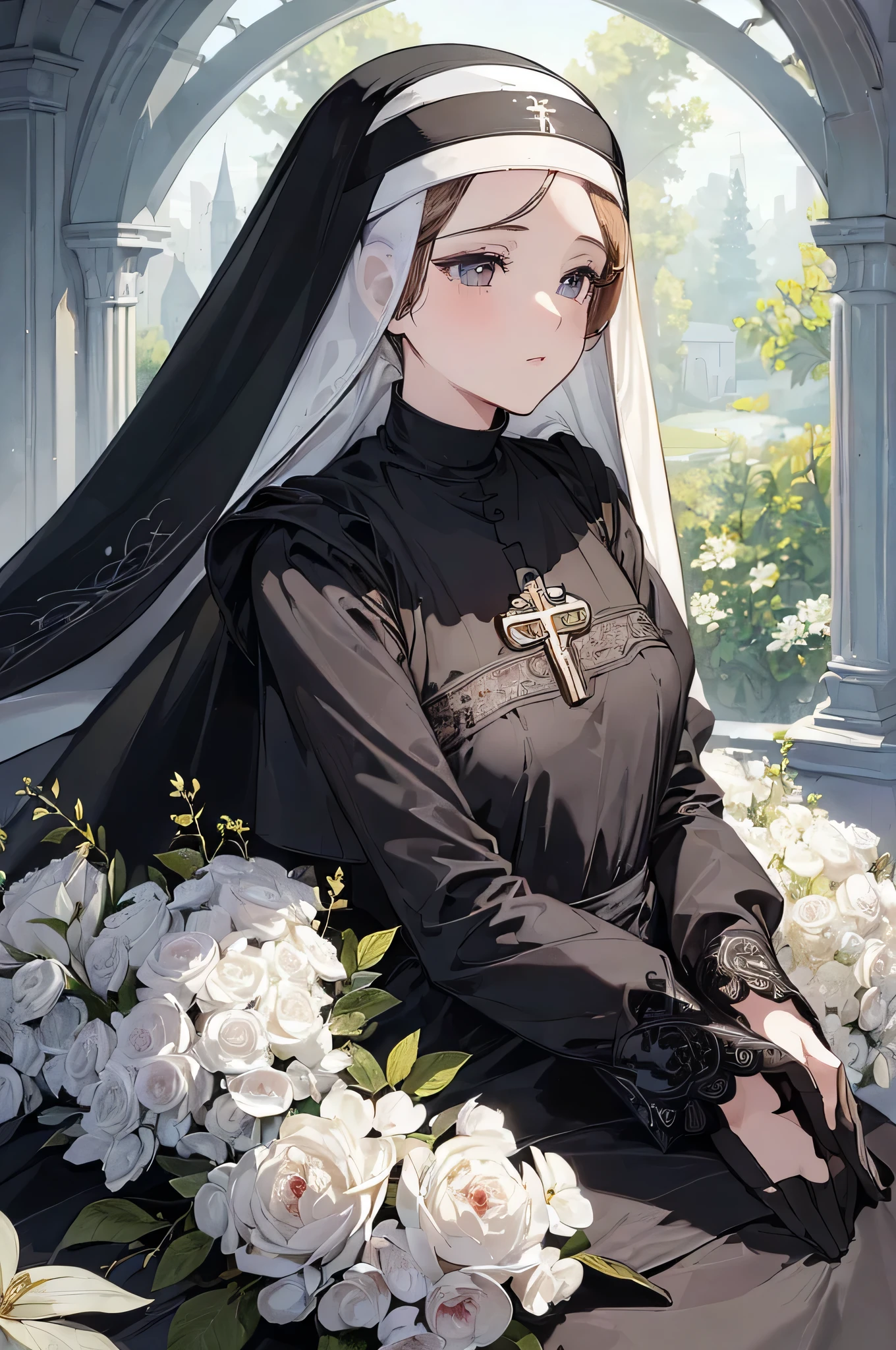 (((masterpiece))), (((Best Quality))), ((Super detailed)), (Illustration), (( very delicate and beautiful)), (( Super Detailed )), (( high resolution on down)), (((Age 30))),Married woman atmosphere,(Black nun clothing),( superheroine ), ( android), ((ram's horn, Curled corners, Black Horn)), glitter skin , shiny body, Two legs, bust focus , (((Tall))), thick thigs , naughty anime style, plus size model, sloppy body ,Erotic manga style body,((Big round eyes)), cute eyes from the right,Two Hands, Five Fingers, no extra hands , Elegant smile, braided , ( see-through ), (Dark Blonde), (( super huge breasts)), ( bright and shining ), ((Biopunk)), (Hair shorter than shoulders), (Mid-length hair),((巨大な雄ram' s horn grows beside his head,demon tail)), succubus