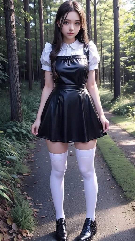 Full body, Mean curvy beautiful young girl ,  beautiful  teen face, black silk skater   pinafore dress,  white transparent blouse with frills with short sleeves, brunet long hair,  beautiful eyes, stockings,  sneackers, girl - standing in the wood, photorealistic , sad face, perfect legs, full size figure, black silk skater pinafore, perfect  legs,  perfect figure