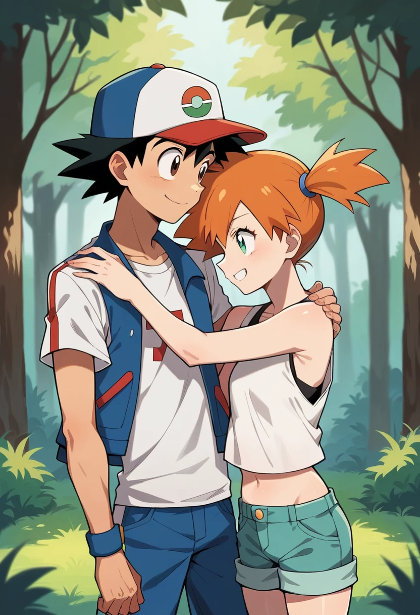 1boy, ash ketchum, black hair, brown eyes, hat, baseball cap, shirt, white shirt, t-shirt, jacket, sleeveless jacket, shorts, blue shorts 1girl, misty pokemon, orange hair, side ponytail, green eyes, white crop top, belly button, blue jeans shorts photograph of a couple, in a forest, they're looking at each other, they're hugging, they're smiling at each other