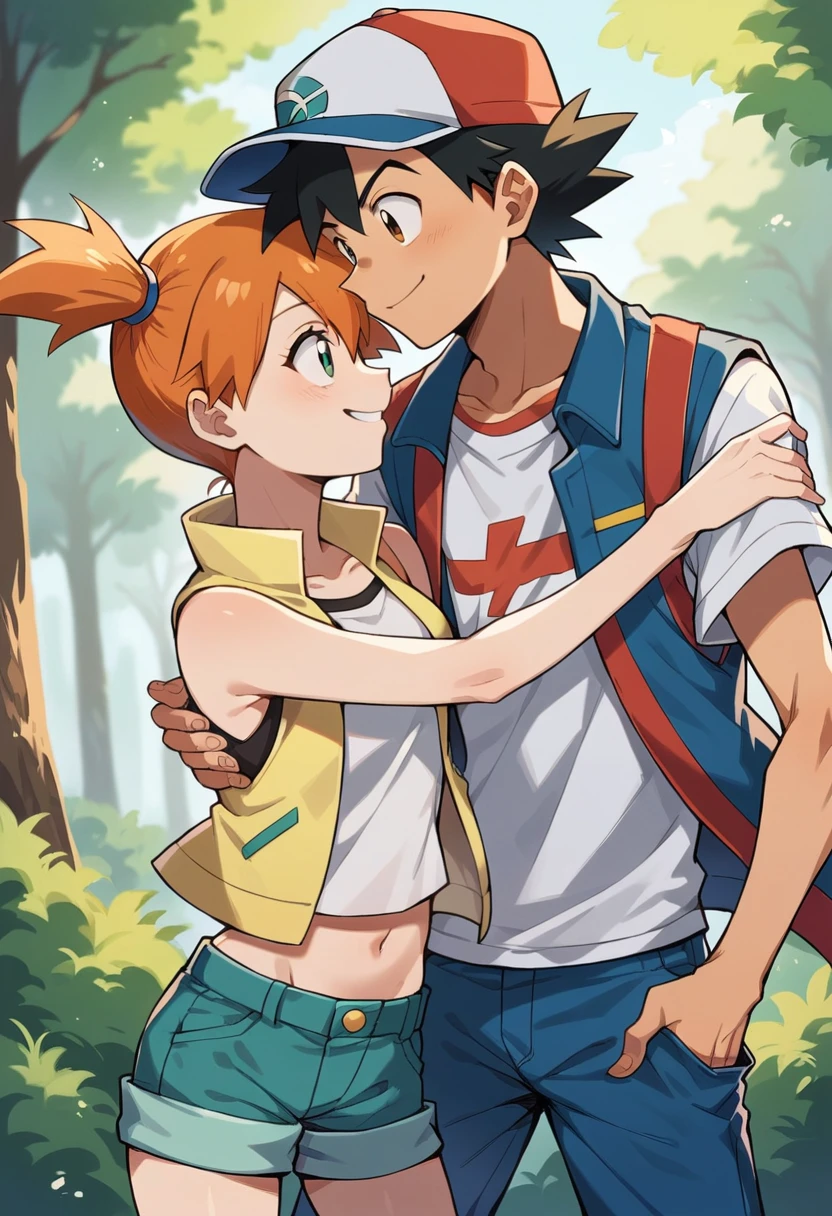 1boy, ash ketchum, black hair, brown eyes, hat, baseball cap, shirt, white shirt, t-shirt, jacket, sleeveless jacket, shorts, blue shorts 1girl, misty pokemon, orange hair, side ponytail, green eyes, white crop top, belly button, blue jeans shorts photograph of a couple, in a forest, they're looking at each other, they're hugging, they're smiling at each other