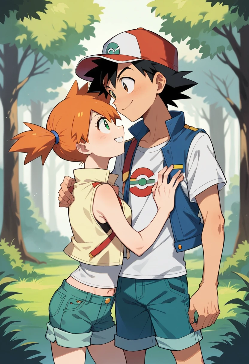 1boy, ash ketchum, black hair, brown eyes, hat, baseball cap, shirt, white shirt, t-shirt, jacket, sleeveless jacket, shorts, blue shorts 1girl, misty pokemon, orange hair, side ponytail, green eyes, white crop top, belly button, blue jeans shorts photograph of a couple, in a forest, they're looking at each other, they're hugging, they're smiling at each other