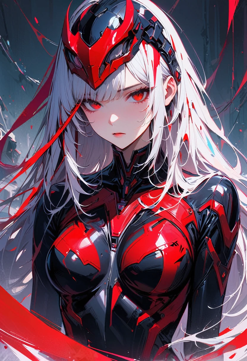 masterpiece, best quality, 8K, Digital painting, 1 girl, solo, stand up, youth, White hair, long white hair, hair accessories, red eyes, round pupils, Emotionless expression, blood stains, Mechanical Parts, electric wire, cable, failure effect, horrifying, science fiction, futuristic, Dark inside the background, neon lights, cyberpunk characters, Surreal, weird, Disturbing, spine-chilling, horrifying, jumpsuit,Red eyes,Venom Possession,blackened,Long black gloves,One-piece Pants,tight latex bodysuit,Highlight her graceful figure,wrap the whole body,symbiont,((Raised sexy)),jumpsuit,Red eyes,Venom Possession,blackened,Long black gloves,One-piece Pants,Black latex clothing,Blood-red eyes,best quality, High resolution, Super detailed, Vivid textures, mask, tight latex bodysuit, Bangs,purple hair, blue eyes