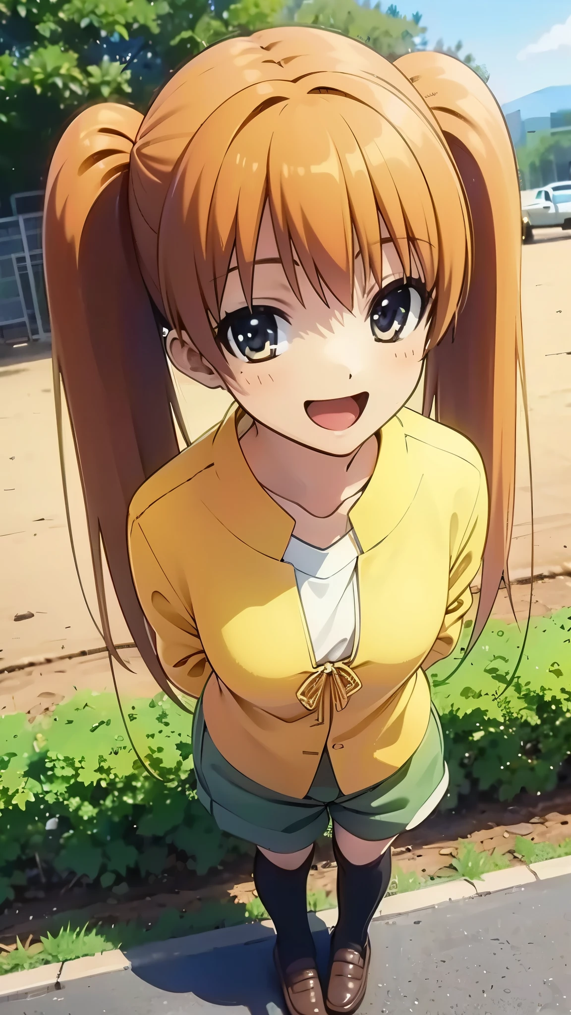 anime style, orange hair1:4, break high bridge1:8, BREAK super straight hair, BREAK black knee-high socks1:4 BREAK smile, BREAK long side twin tails1:6,BREAK yellow string bow1:2 break dark green shorts1:3, loafers1:2, standing, (best quality,4k,8k,highres,masterpiece:1.2),ultra-detailed,(realistic,photorealistic,photo-realistic:1.37),detailed face, detailed eyes, detailed lips, long eyelashes, extremely detailed facial features