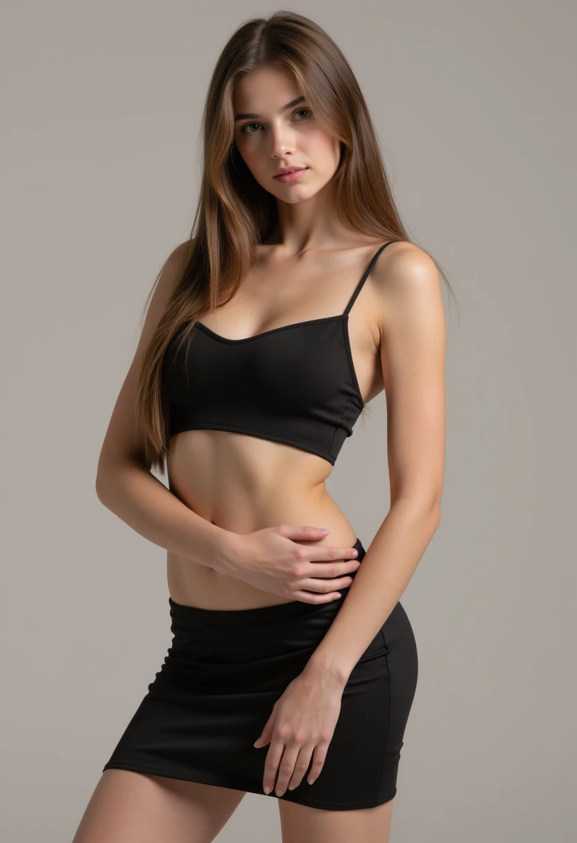 a very realistic and detailed photo of a beautiful french woman, tight black skirt, perfect makeup, long sleek straight ponytail brown hair, high quality, photorealistic, 8k, luxury, elegant, sophisticated, confident, studio lighting, cinematic, glowing skin, piercing eyes, full lips, sharp focus