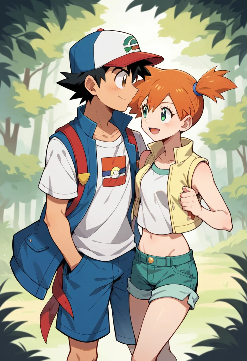 1boy, ash ketchum, black hair, brown eyes, hat, baseball cap, shirt, white shirt, t-shirt, jacket, sleeveless jacket, shorts, blue shorts 1girl, misty pokemon, orange hair, side ponytail, green eyes, white crop top, belly button, blue jeans shorts photograph of a couple, in a forest, they're looking at each other, they're hugging, they're smiling at each other