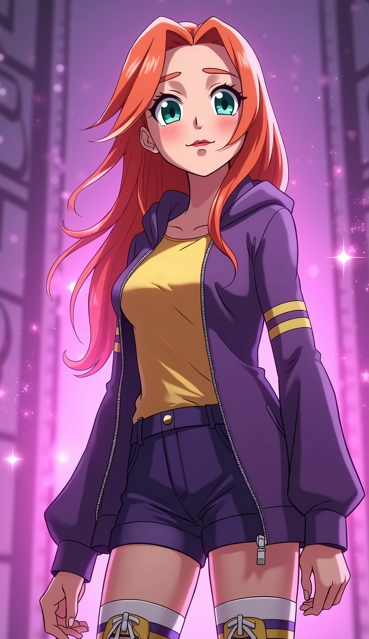 sunset shimmer from the movie "Mlp equestria girls", red hair with yellow highlights, sad, looking at the viewer, black leather jacket, violet blouse, Lifts up her orange skirt to show her sexy black panties, brown thigh high stockings, garter belt in each stocking, in an alleyway, at night, from below.