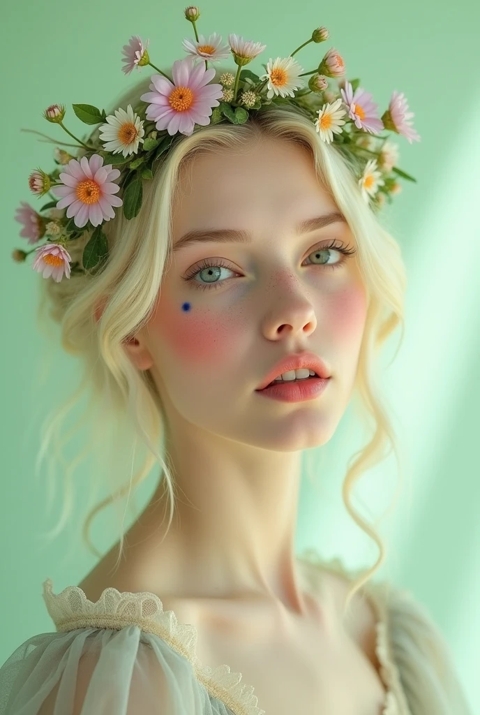 Soft focus portrait of a youthful woman with platinum blonde hair, adorning her crown with a whimsical bouquet of wildflowers. She wears a pastel lilac gown and subtle peach makeup with a vibrant floral design on her cheeks. The pale green gradient background evokes a serene spring morning ambiance, while the gentle lighting casts a dreamy glow on the flowers.