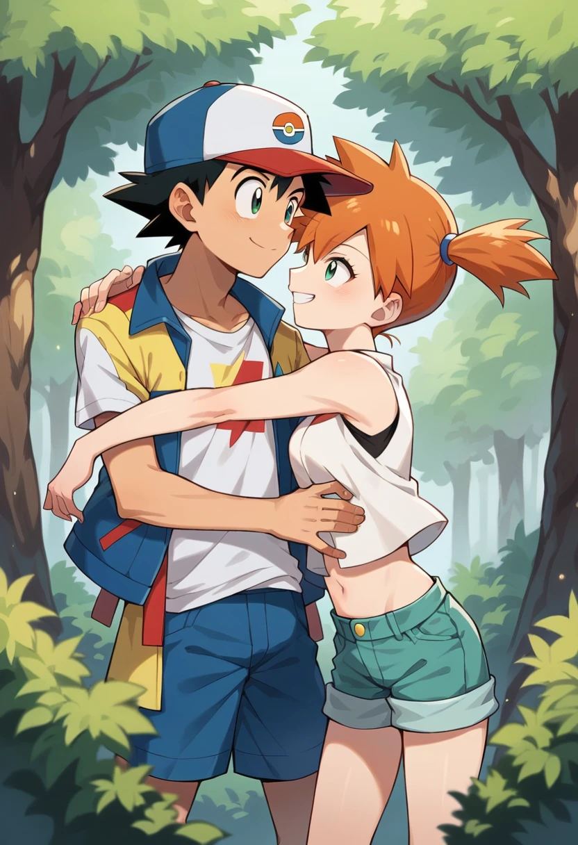 1boy, ash ketchum, black hair, brown eyes, hat, baseball cap, shirt, white shirt, t-shirt, jacket, sleeveless jacket, shorts, blue shorts 1girl, misty pokemon, orange hair, side ponytail, green eyes, white crop top, belly button, blue jeans shorts photograph of a couple, in a forest, they're looking at each other, they're hugging, they're smiling at each other