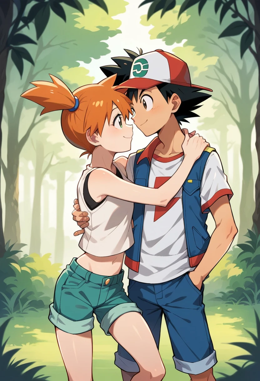 1boy, ash ketchum, black hair, brown eyes, hair between eyes, ash ketchum, black t-shirt, jeans, handsome boy, good looking boy, muscular boy
1girl, misty pokemon, green eyes, orange hair, long hair, hair down, yellow crop top, jeans, pretty, beautiful girl, curvy girl
photograph of a 1 couple, on a forest, looking at each other