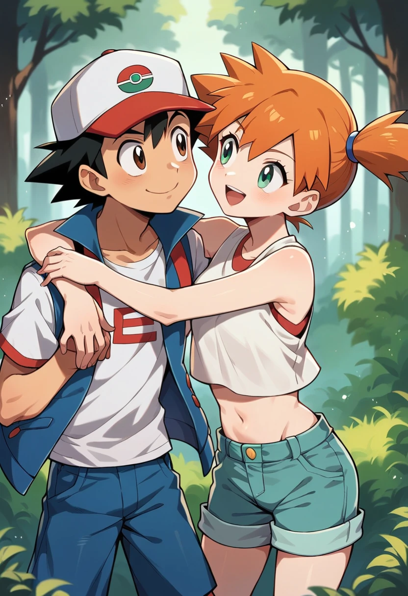 1boy, ash ketchum, black hair, brown eyes, hat, baseball cap, shirt, white shirt, t-shirt, jacket, sleeveless jacket, shorts, blue shorts 1girl, misty pokemon, orange hair, side ponytail, green eyes, white crop top, belly button, blue jeans shorts photograph of a couple, in a forest, they're looking at each other, they're hugging, they're smiling at each other